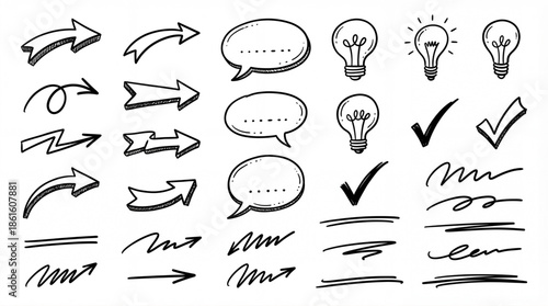 Grunge hand drawn scribble set. Messy arrows, speech bubbles, ideas, and cross marks sketch texture