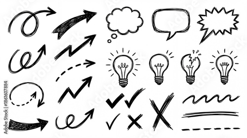 Hand drawn design elements set. Arrows, speech bubbles, light bulbs, and check marks doodle collection