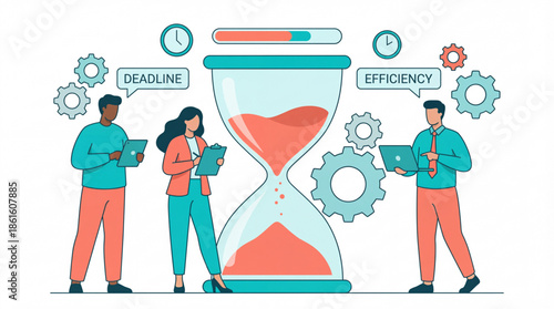 Business team working with large hourglass and gears. Deadline, efficiency, and time management concept vector illustration