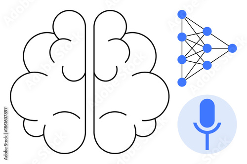 Artificial intelligence, machine learning, neural networks, voice recognition, data science, innovation. Brain outline with neural connections and microphone icon. AI and machine learning concepts