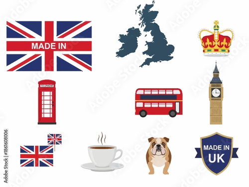 Collection of iconic British symbols and elements Flags, landmarks, and cultural icons
