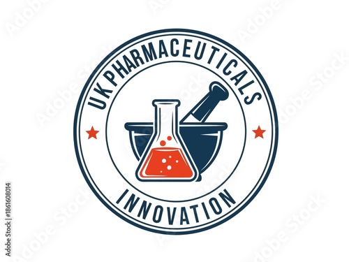 UK Pharmaceuticals Innovation Logo Pharmaceutical Flask and Mortar and Pestle, Medical Concept