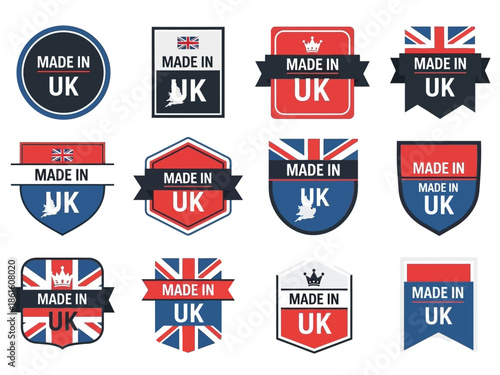 Collection of 'Made in UK' Badges and Emblems Featuring the Union Jack Flag Design