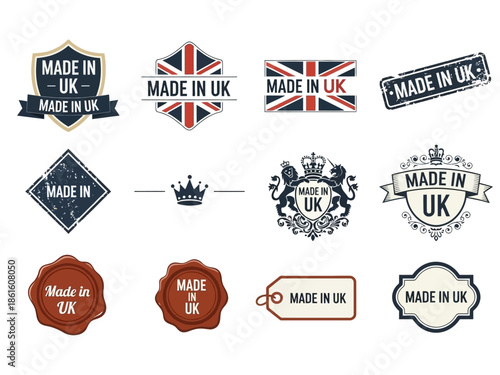 Collection of 'Made in UK' emblems, stickers, and stamps in various designs for branding and quality assurance