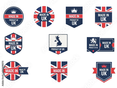 Collection of 'Made in UK' Badges and Labels A Patriotic Design Selection for Branding