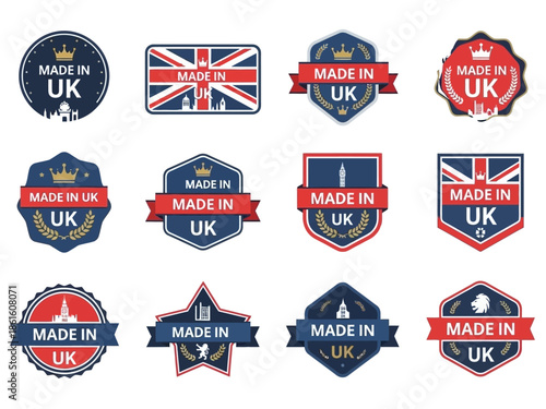 Collection of 'Made in UK' Labels and Badges Featuring the Union Jack Flag Design