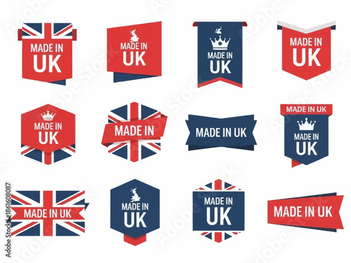 Collection of 'Made in UK' labels and badges with the Union Jack flag and text design for diverse applications