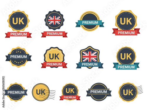 Set of UK premium badges and labels featuring the Union Jack flag and stylized text designs
