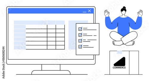 Productivity, workflow management, e-commerce, data organization, remote work, mindfulness. Screen with a checklist, person meditating and commerce box. Workflow management and e-commerce