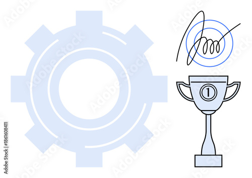 Success concept. Success ed with a gear mechanism, trophy, and signature achievement, efficiency, and authenticity. Success in business, education, leadership and technology