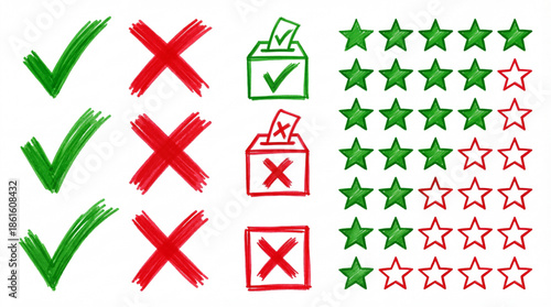 Voting and rating marker sketch set. Checkmark, cross X, ballot box, and five star review doodle icons