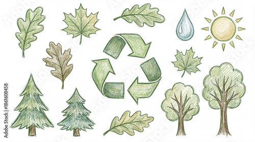 Ecology and nature pencil sketch set. Trees, leaves, recycle symbol, sun, and water drop illustration