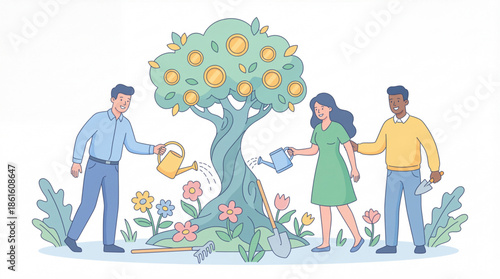 People watering money tree for financial growth. Investment, savings and wealth nurturing concept.