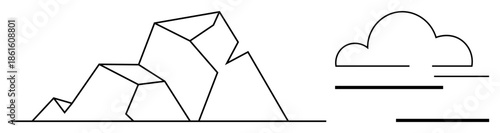 Abstract geometric mountain shapes alongside a simplistic cloud motif with horizontal lines. Ideal for nature, landscape, simplicity, outdoor activities, minimalism, geometry, abstract design. Simple