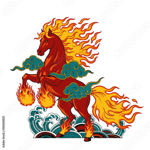 The majestic Fire Horse rears up amidst flames and waves, an illustration of fiery passion and energy.