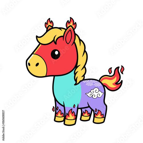 A vibrant cartoon Fire Horse illustration with flames on its mane and tail, standing against a plain white background from a side viewpoint