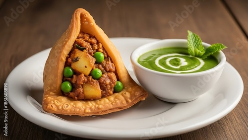 Samosa with Green Chutney on White Plate.