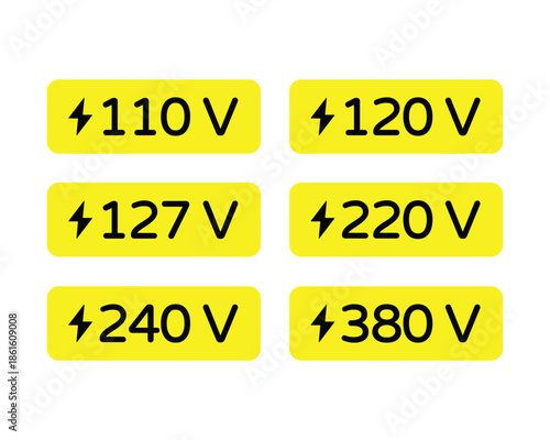 Set of Horizontal Neon Yellow Electrical Voltage Warning Labels from 110V to 380V for Industrial Power Panels and Circuit Identification - Professional Vector Stock Image