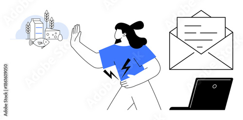 Food allergies, lactose intolerance, digital communication, dietary choices, health awareness, nutritional restrictions. Woman gestures towards food items and interacts with mail and technology. Food