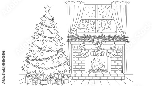 Christmas tree and fireplace with gifts and stockings