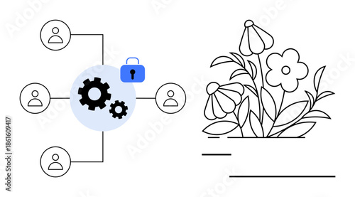 Cybersecurity, teamwork, data sharing, privacy, protection, growth. Graphic shows connected gears, people icons and a lock symbol next to minimal floral illustration. Cybersecurity and teamwork