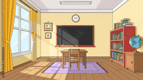 Classroom interior with desk and bookshelf