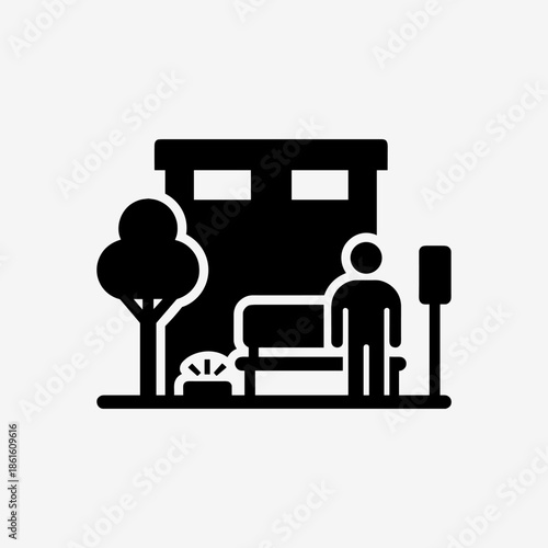 Illustration of a Person Standing by a Park Bench Near a Tree and Building