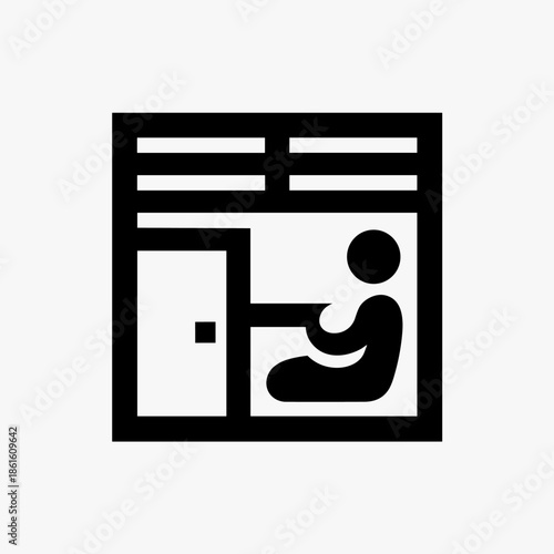 Minimalist Black and White Icon Depicting a Person Working at a Desk