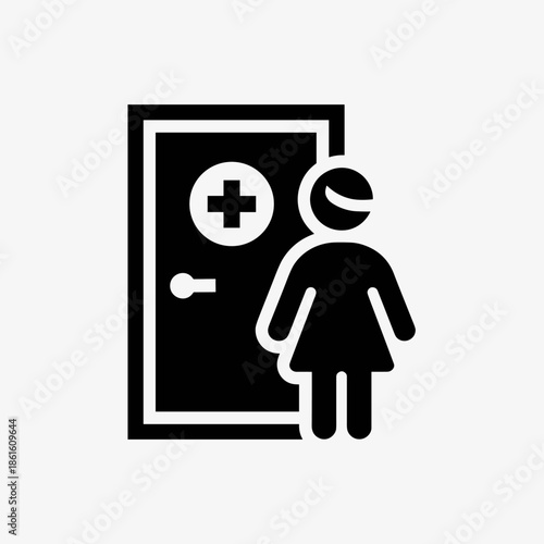 Female Doctor or Nurse Standing by a Clinic Door with Medical Cross