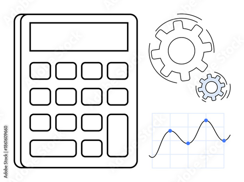 Business strategy, data analysis, productivity tools, financial planning, optimization process, algorithm performance. Calculator, gears and line graph. Financial planning and data analysis