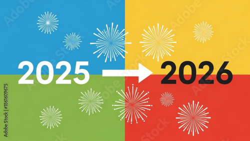 New year celebration background with fireworks and color blocks from 2025 to 2026