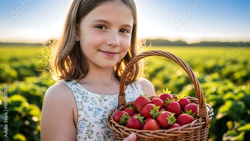 Young Girl Holding Basket of Fresh Strawberries.