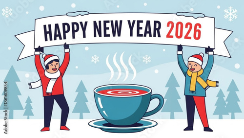 Two cheerful people in winter clothes holding a happy new year 2026 banner with a steaming cup of hot beverage in a snowy landscape