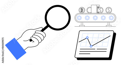 Hand holding magnifying glass examining graphs and financial data, gear conveyor with cryptocurrency symbols. Ideal for finance, analysis, cryptocurrency, technology, automation, research