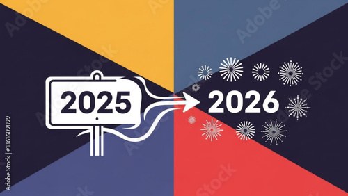 New year transition from 2025 to 2026 with colorful geometric background and fireworks