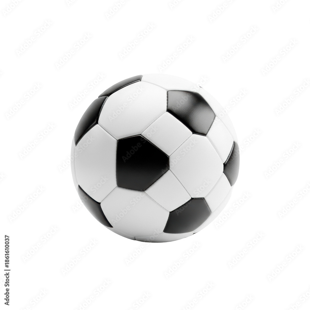 Fototapeta premium Clean, new, regulation-sized soccer ball with black and white panels, perfectly isolated on a bright, shadowless white background, professional product photography concept