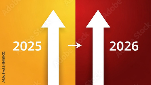 Upward trend arrows from 2025 to 2026, growth and progress concept with white arrows on gradient background