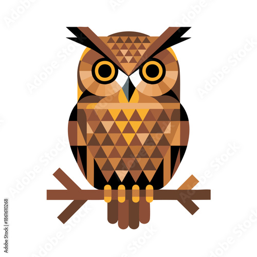 Geometric owl illustration on transparent background, modern brown polygon bird vector art, abstract wildlife mascot logo design