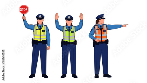 Police officer directing traffic with stop sign and hand signals