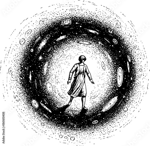 Engraved illustration of a person emerging from a cosmic time tu
