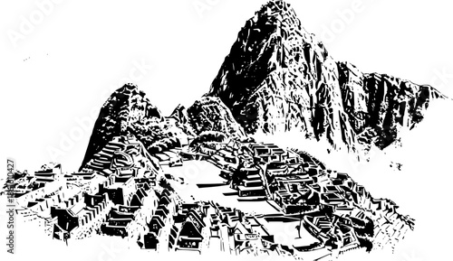 Machu Picchu ancient ruins in minimalist sumi-e painting style,
