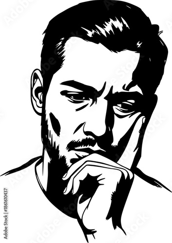 Contemplative man portrait with bold brush strokes, minimalist b

