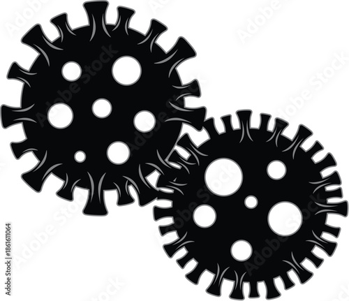 Black virus silhouette icon illustration with circular pathogen shapes, minimal microbiology symbol for infection control, disease prevention, medical research, and healthcare infographic design