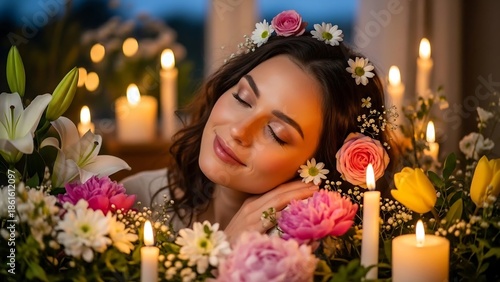 Woman Relaxing with Floral Arrangement and Candles.