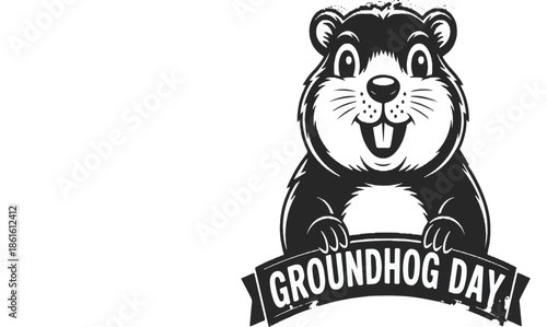 Groundhog Day Vector Graphic Illustration Featuring a Cheerful Cartoon Groundhog with Banner