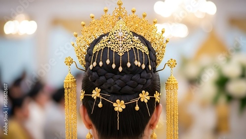 Woman Wearing Traditional Thai Wedding Headpiece.