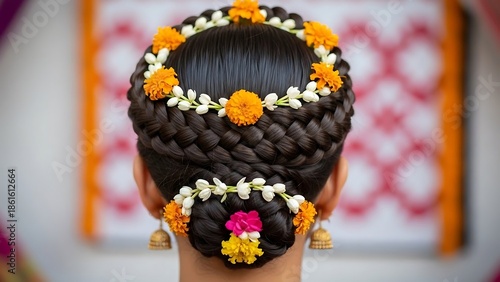 Womans Braided Hair with Floral Ornaments.