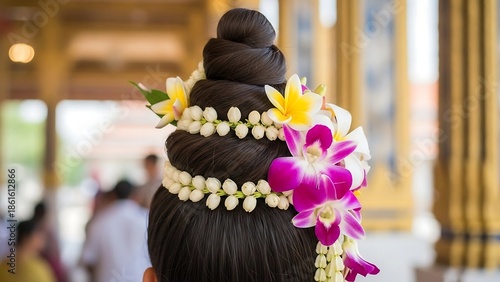 Womans Hair Decorated with Flowers and Beads.