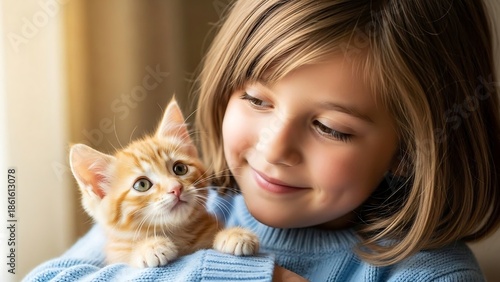 Young Girl Smiling with Kitten on Shoulder.