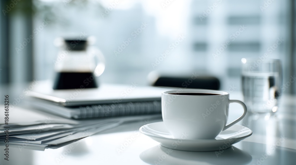 Fototapeta premium Minimalist office setting featuring coffee, papers, and urban skyline backdrop